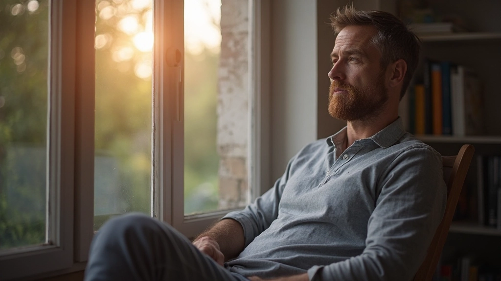 Man kijkt ontspannen uit raam thuis, weg van werkbureau, avondlicht