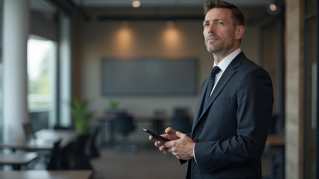 Zakenman in pak controleert mobiel op kantoor, professionele omgeving