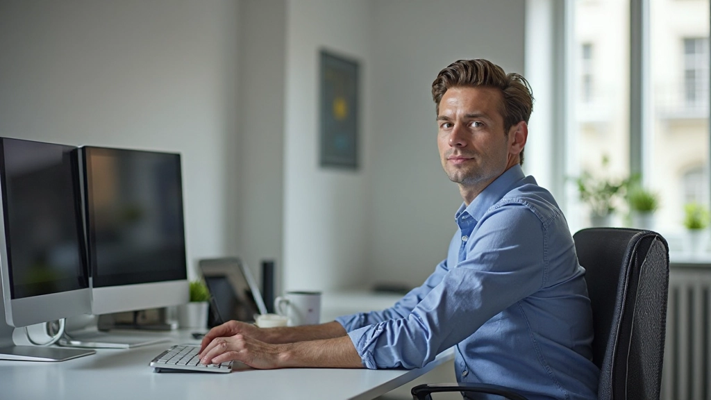 Professionele man in hemd zit aan bureau met twee monitoren, leunt achterover in stoel met ontspannen lichaamshouding