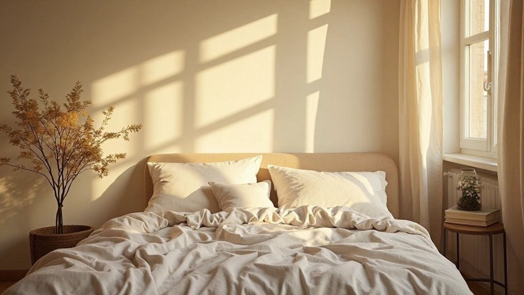 Minimalistisch slaapkamer met natuurlijk licht, raam open, warme zonnestralen op bed, rustige sfeer