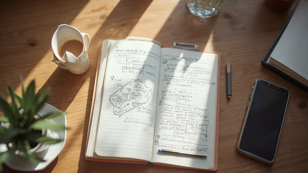 Geopende dagboek met handgeschreven aantekeningen op houten bureau, kopje koffie en telefoon ernaast, ochtendlicht