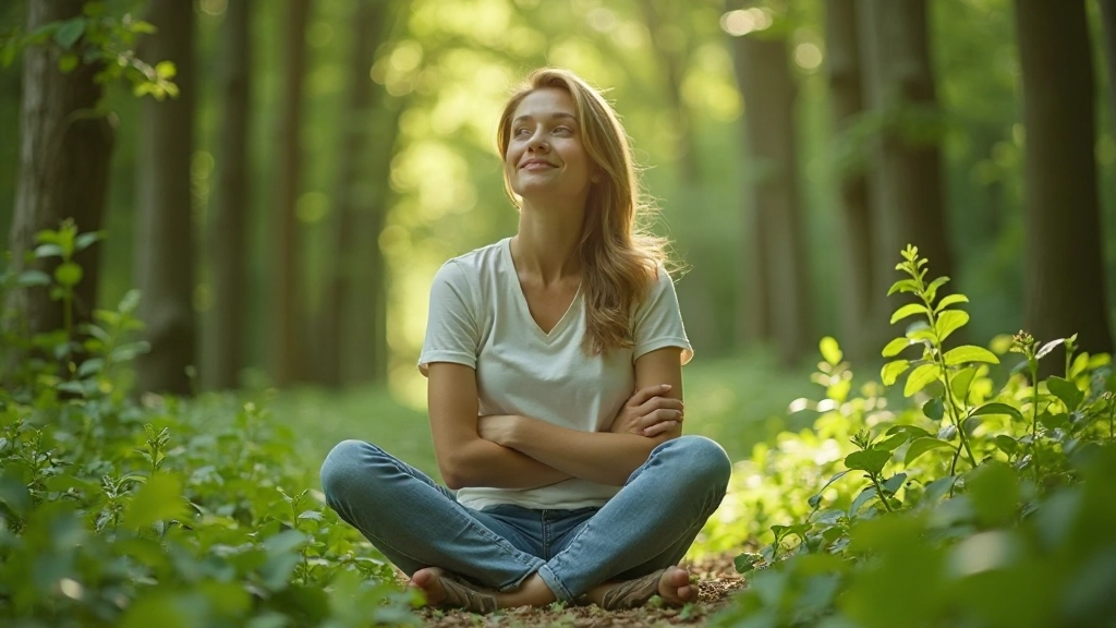 Persoon zit ontspannen in de natuur met groene bomen op achtergrond, vredige sfeer