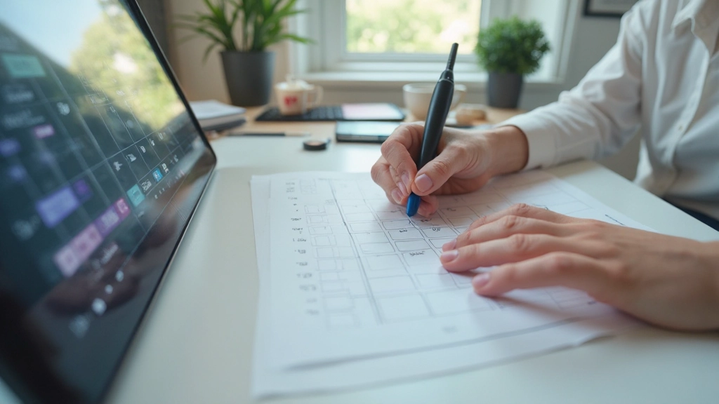 Close-up van kalender op bureau met blauwe blokken waarin gezinstijd is ingeblokeerd, moderne workspace, daglicht