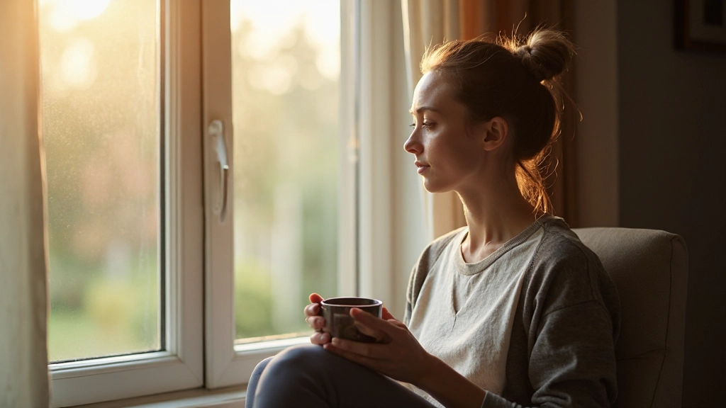 Persoon zit aan raam met kopje thee, natuurlijk licht, vreedzame ochtend sfeer, kopje warme drank in hand