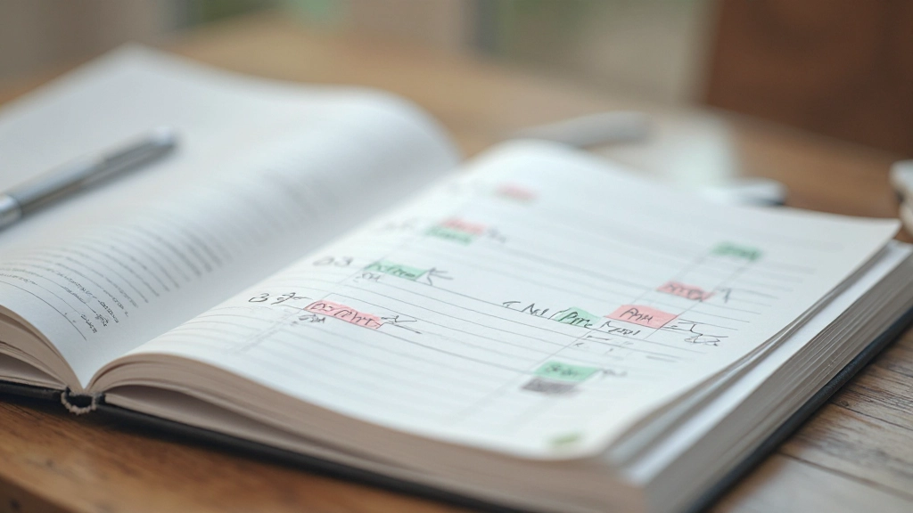 Close-up van geplande weekkalender met gekleurde markeringen voor verschillende activiteiten, duidelijke tijdsindeling zichtbaar