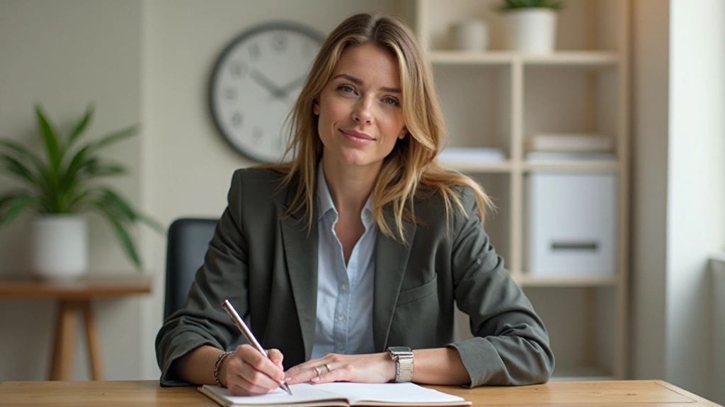 Professioneel kantoor scene met persoon aan bureau met geplande agenda, natuurlijk daglicht, focus en concentratie