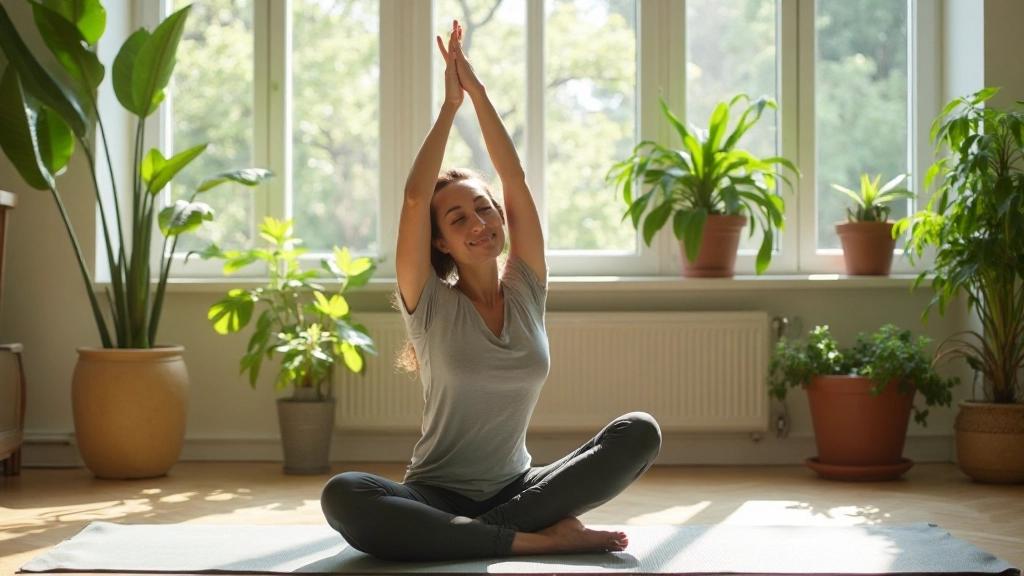 Vrouw doet yoga stretches in woonkamer met natuurlijk licht, groene planten, yoga mat, ontspannen gezicht
