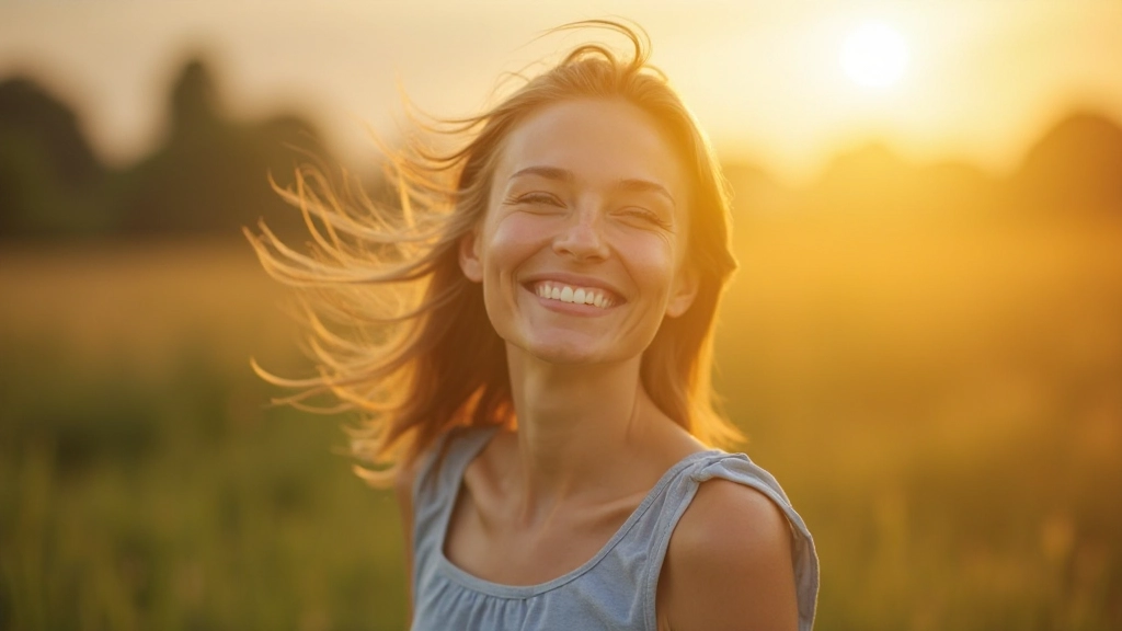 Gezonde vrouw buiten in morgen zon, energiek gezicht, frisse lucht ademhaling, positieve energie