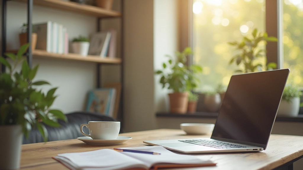 Professionele werkplek met natuurlijk licht, laptop en koffie, rustige ochtendsfeer